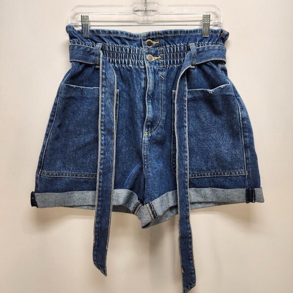 Zara Short Size 6 Women’s Paperbag Tie Waist Large Pockets Cotton Blue - Picture 2 of 9